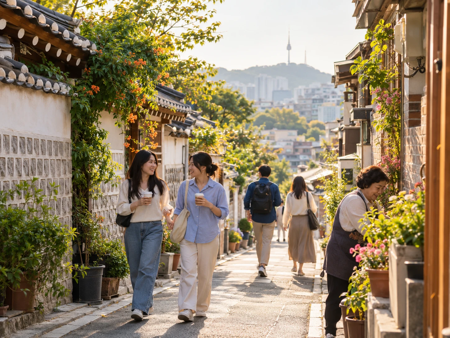 커피를 들고 한옥 골목을 걷는 사람들