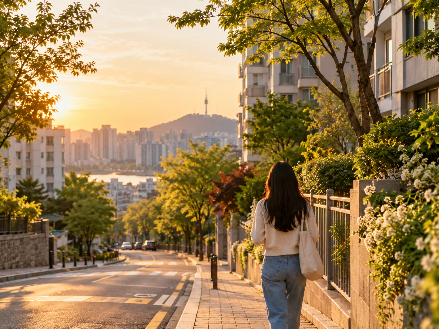 해 질 무렵 아파트 단지 옆 길을 걷는 사람